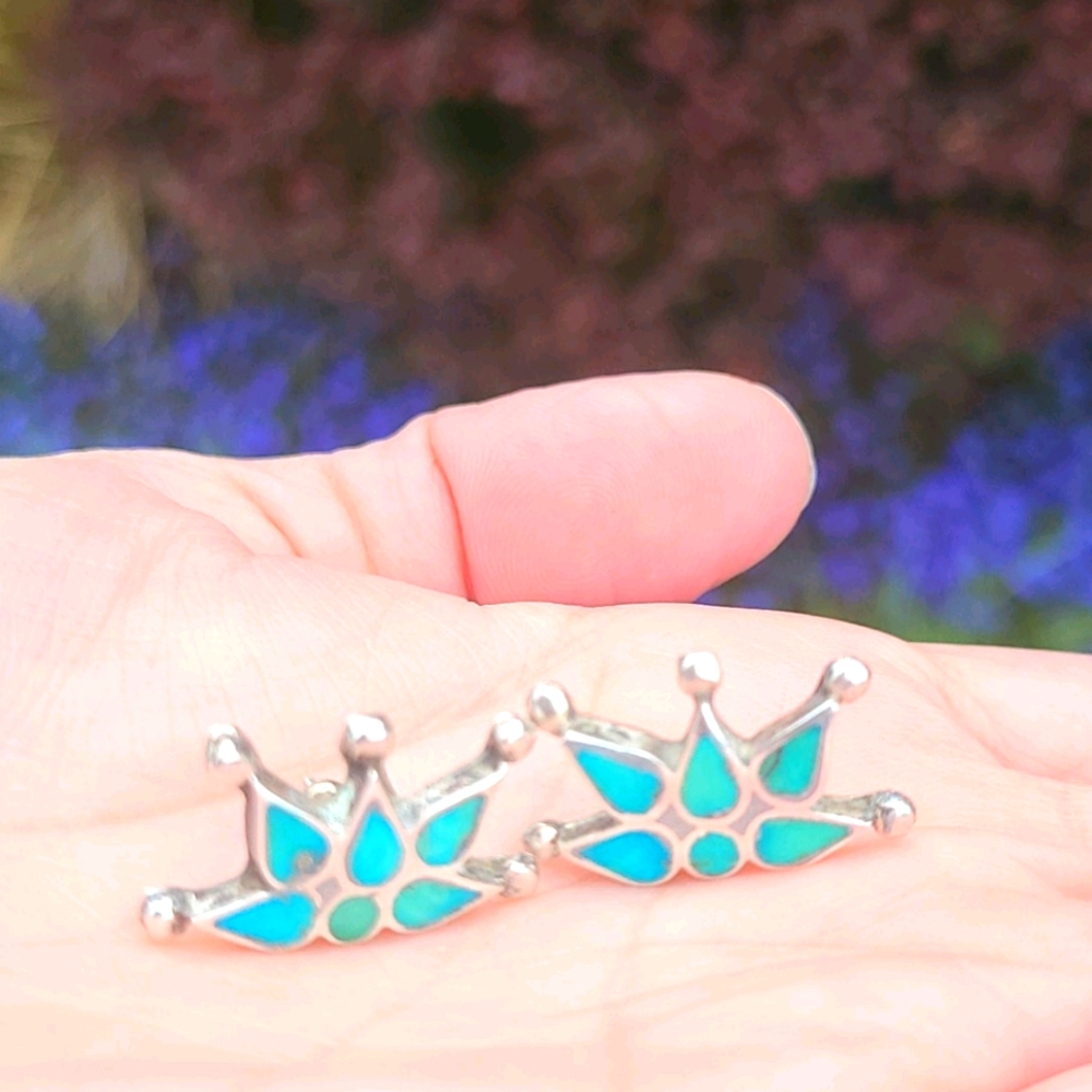 Vintage Turquoise 925 Silver Crown Earrings - Vintage
